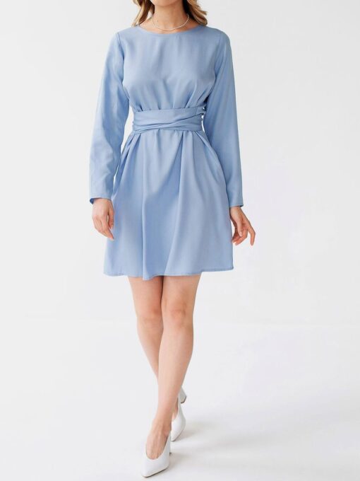 "Selena" Linen Sky Blue Mini Dress - Image 3