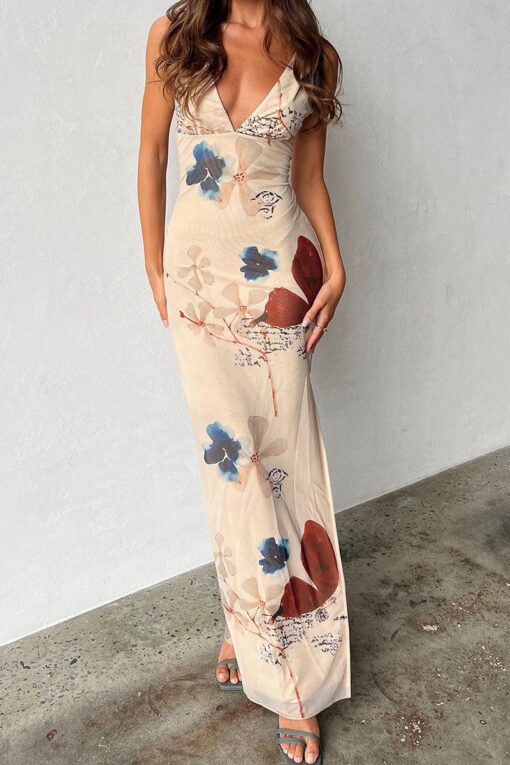 Butterfly Print V Neck Backless Slit Sleeveless Maxi Dress Pre Order - Image 2