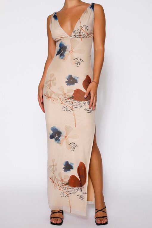 Butterfly Print V Neck Backless Slit Sleeveless Maxi Dress Pre Order - Image 5