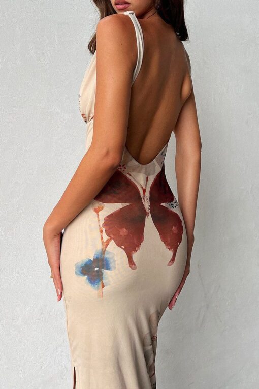 Butterfly Print V Neck Backless Slit Sleeveless Maxi Dress Pre Order - Image 4