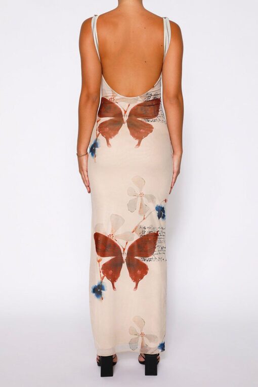 Butterfly Print V Neck Backless Slit Sleeveless Maxi Dress Pre Order - Image 7