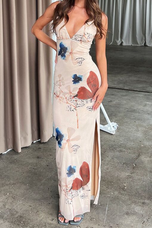 Butterfly Print V Neck Backless Slit Sleeveless Maxi Dress Pre Order - Image 8