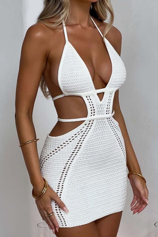 Crochet Halter Backless Cut Out Deep V Neck Party Mini Dress - Image 2