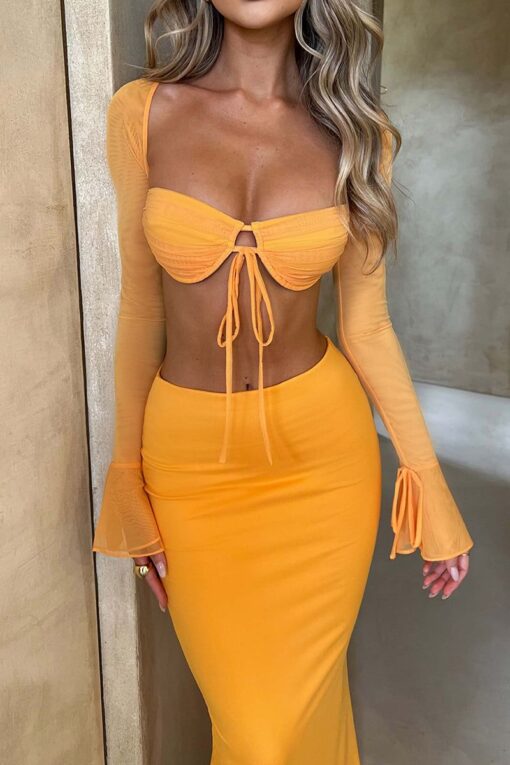 Long Sleeve Flare Cuff Backless Crop Top Fishtail Maxi Skirt Matching Set Pre Order - Image 6