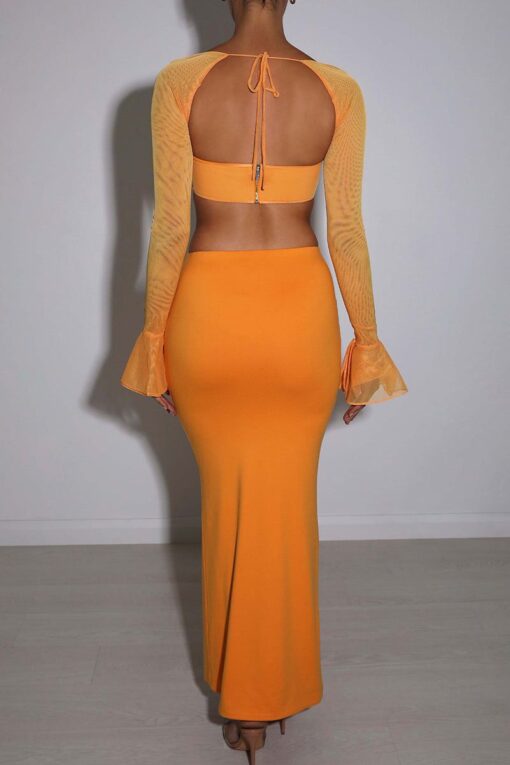 Long Sleeve Flare Cuff Backless Crop Top Fishtail Maxi Skirt Matching Set Pre Order - Image 5