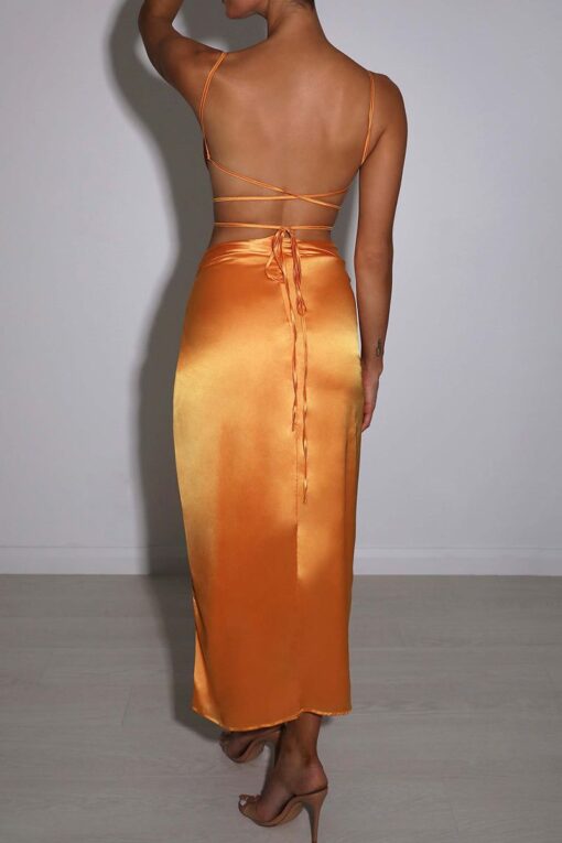 Tied Up Cami Crop Top High Slit Satin Midi Skirt Matching Set Pre Order - Image 7