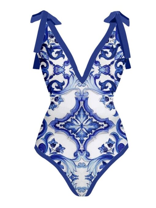 Fashion Vintage V-Neck Print One-Piece Swimsuit Set - Image 3