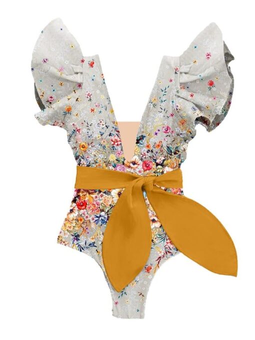 Ruffled Floral Print Colorblock One-Piece Swimsuit and Cover-up - Image 3