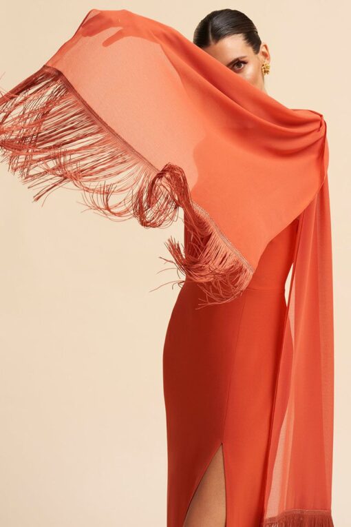 Fringed Scarf Sleeveless Slit Cocktail Party Midi Dress Pre Order - Image 4