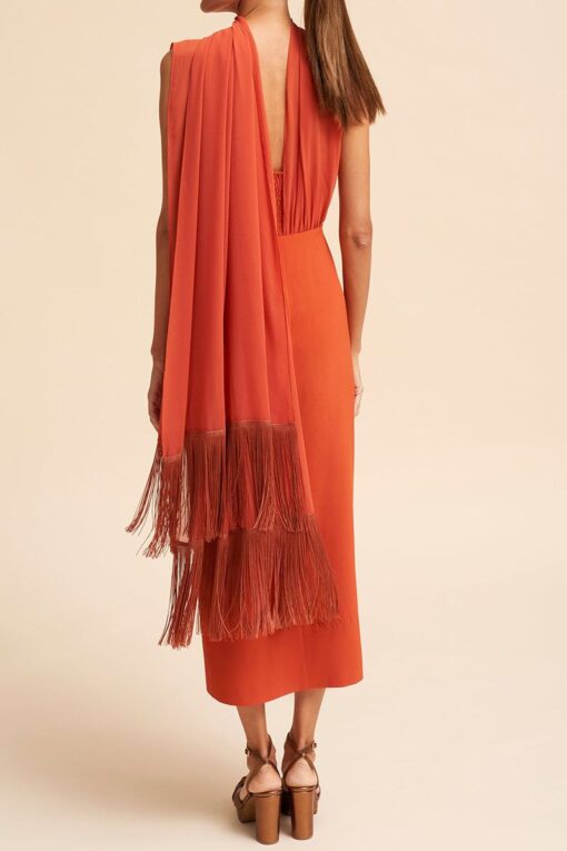 Fringed Scarf Sleeveless Slit Cocktail Party Midi Dress Pre Order - Image 3