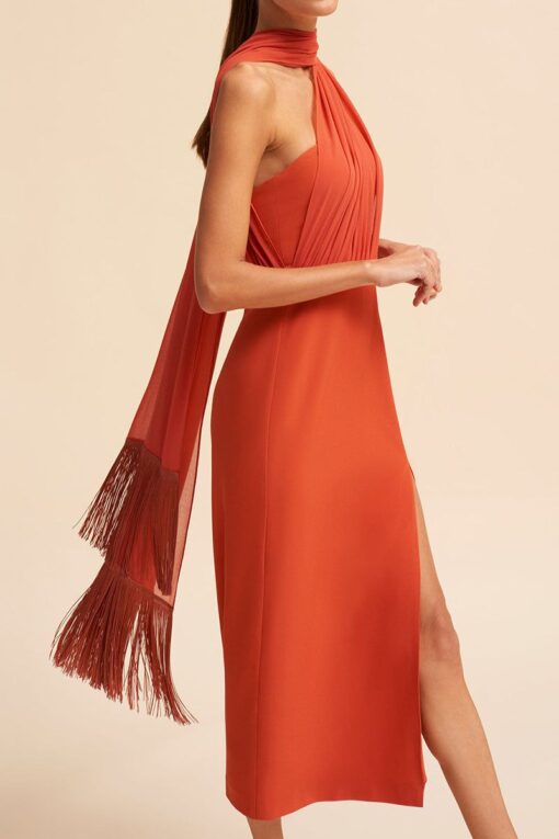 Fringed Scarf Sleeveless Slit Cocktail Party Midi Dress Pre Order - Image 6