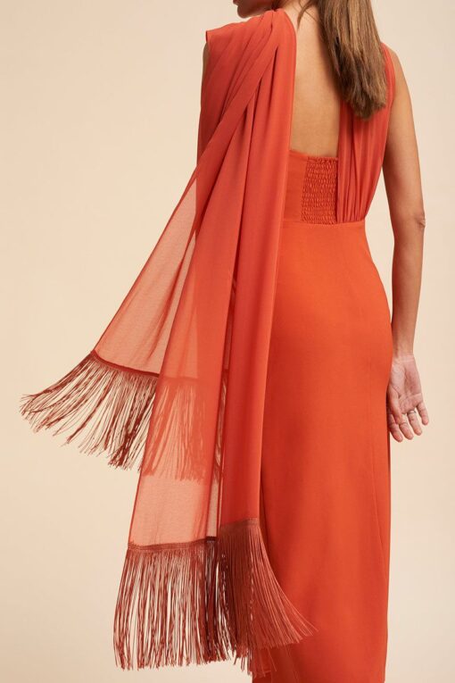 Fringed Scarf Sleeveless Slit Cocktail Party Midi Dress Pre Order - Image 7