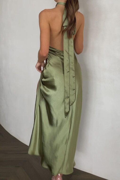 High Slit Backless Tied Halter Satin Prom Maxi Dresses Pre Order - Image 10