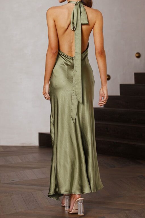 High Slit Backless Tied Halter Satin Prom Maxi Dresses Pre Order - Image 9