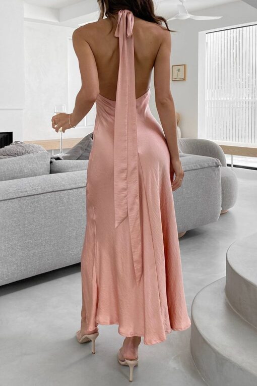 High Slit Backless Tied Halter Satin Prom Maxi Dresses Pre Order - Image 17