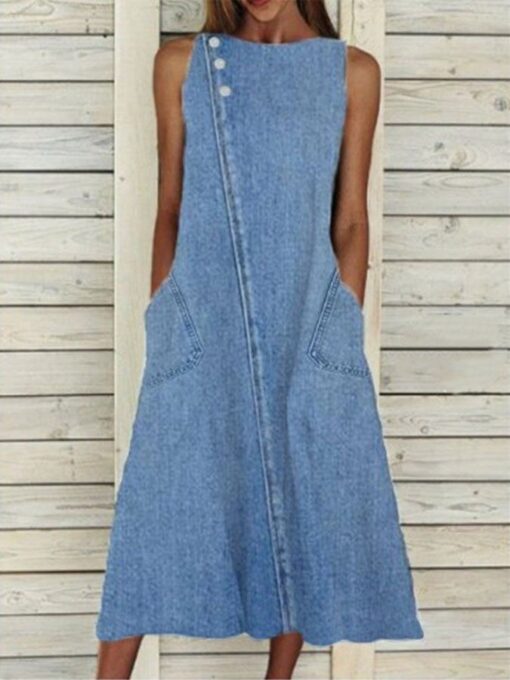 Crew Neck Sleeveless Washed Denim Dress - Image 5