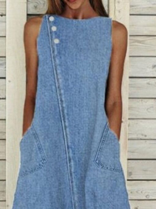 Crew Neck Sleeveless Washed Denim Dress - Image 2