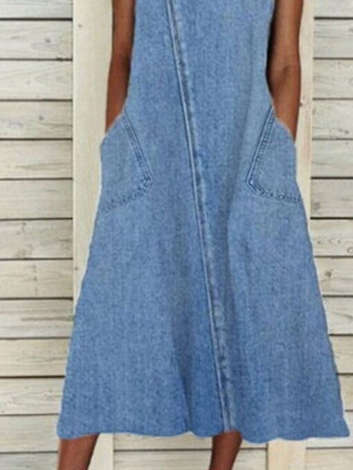 Crew Neck Sleeveless Washed Denim Dress - Image 3