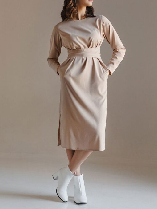 "Selena" Linen Beige Midi Dress - Image 4