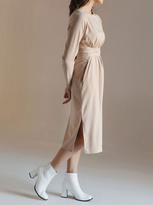 "Selena" Linen Beige Midi Dress - Image 5