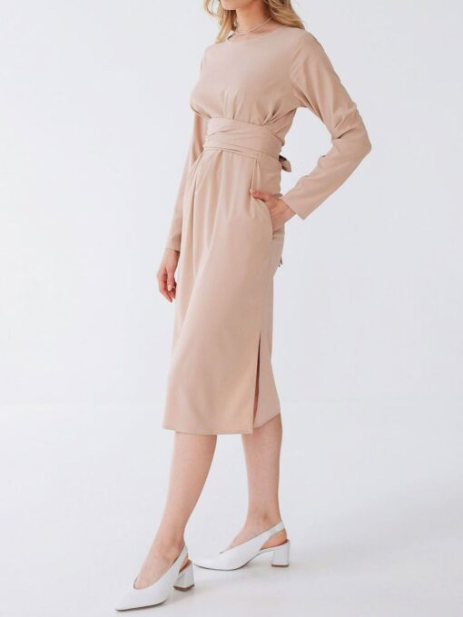 "Selena" Linen Beige Midi Dress - Image 4