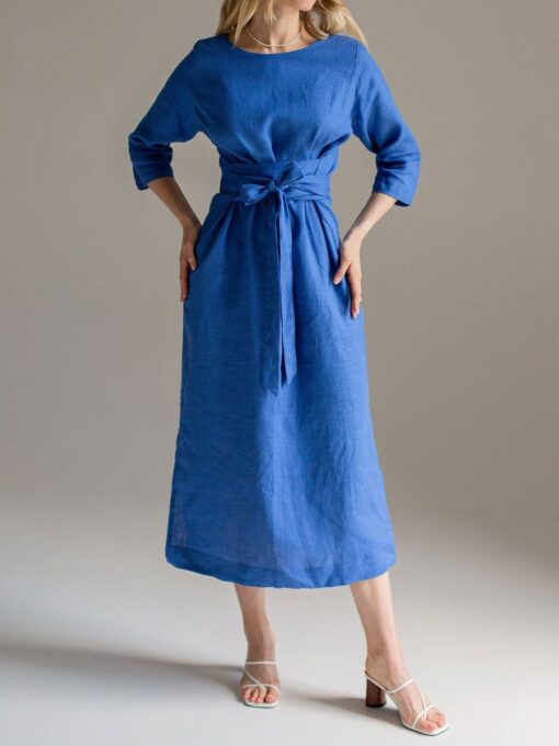 "Selena" Linen Blue Linen Maxi Dress - Image 3