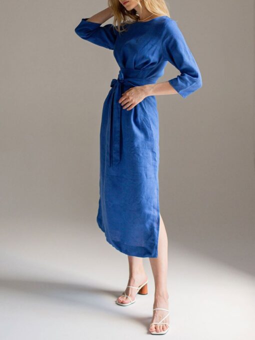 "Selena" Linen Blue Linen Maxi Dress - Image 7