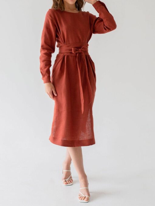 "Selena" Linen Burnt Orange Midi Dress - Image 4