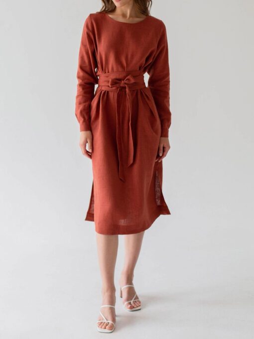 "Selena" Linen Burnt Orange Midi Dress