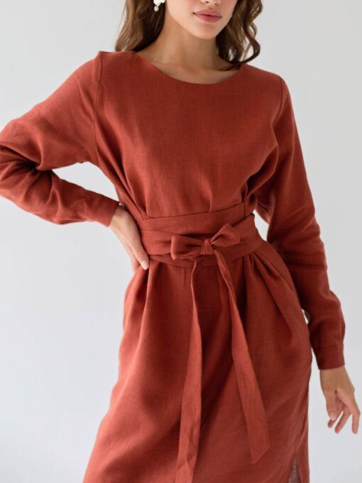 "Selena" Linen Burnt Orange Midi Dress - Image 2