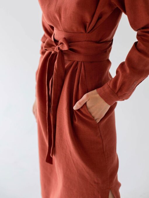 "Selena" Linen Burnt Orange Midi Dress - Image 6