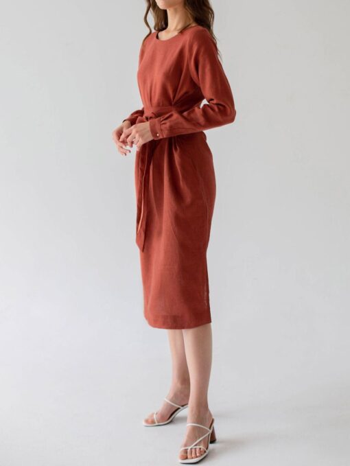 "Selena" Linen Burnt Orange Midi Dress - Image 7