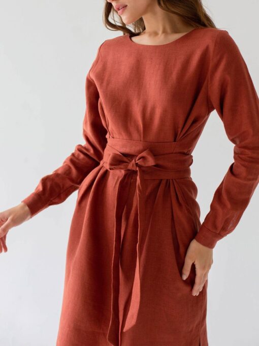 "Selena" Linen Burnt Orange Midi Dress - Image 5