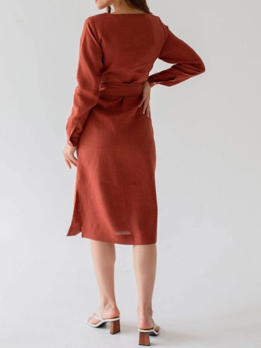 "Selena" Linen Burnt Orange Midi Dress - Image 8