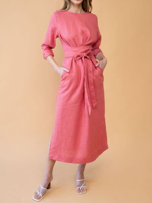 "Selena" Linen Coral Peach Maxi Dress