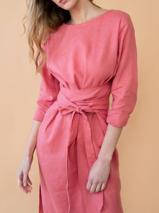 "Selena" Linen Coral Peach Maxi Dress - Image 6