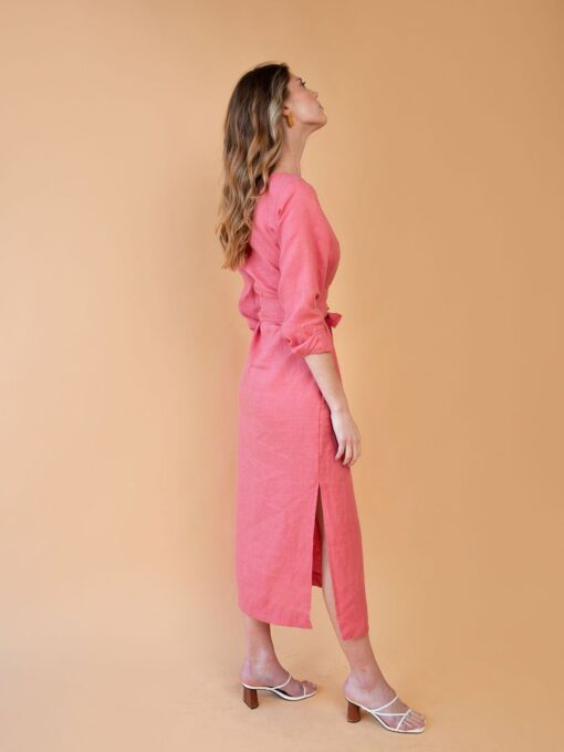 "Selena" Linen Coral Peach Maxi Dress - Image 3