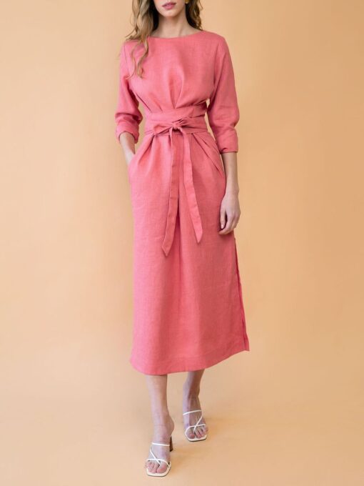 "Selena" Linen Coral Peach Maxi Dress - Image 2