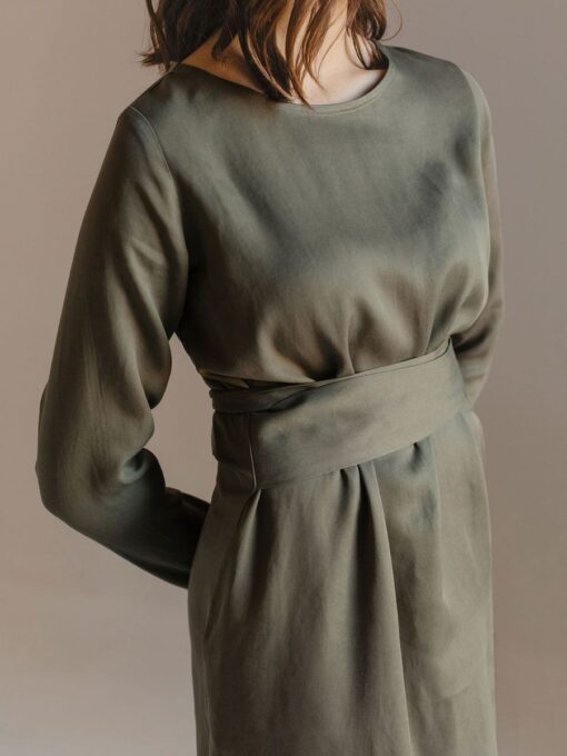 "Selena" Linen Khaki Green Linen Dress - Image 2