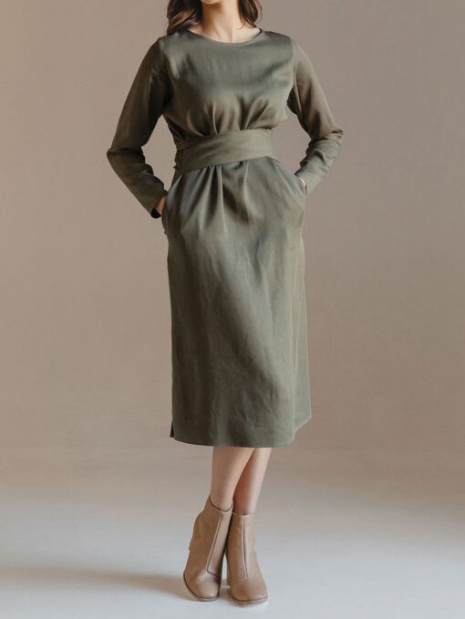 "Selena" Linen Khaki Green Linen Dress