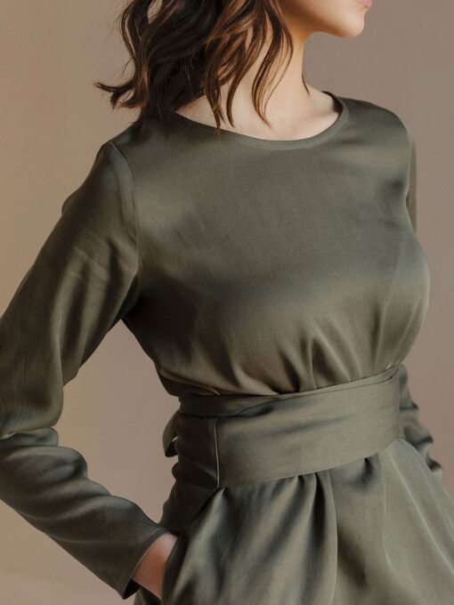 "Selena" Linen Khaki Green Linen Dress - Image 4