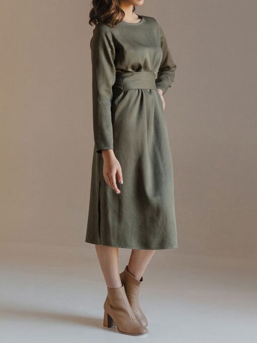 "Selena" Linen Khaki Green Linen Dress - Image 6