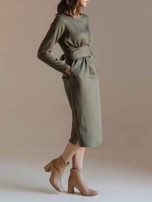 "Selena" Linen Khaki Green Linen Dress - Image 3