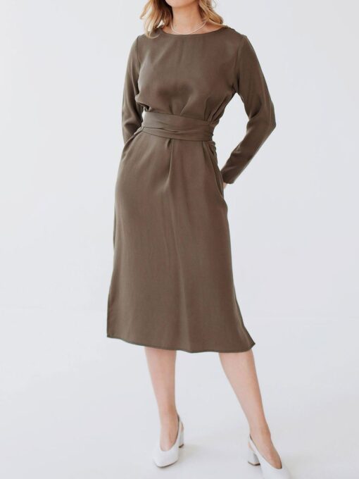 "Selena" Linen Khaki Green Midi Dress - Image 3