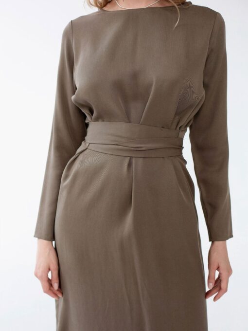 "Selena" Linen Khaki Green Midi Dress - Image 6