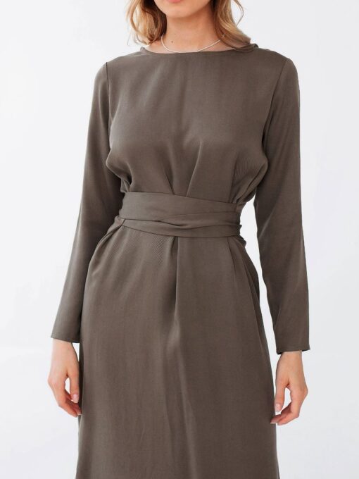 "Selena" Linen Khaki Green Midi Dress - Image 4