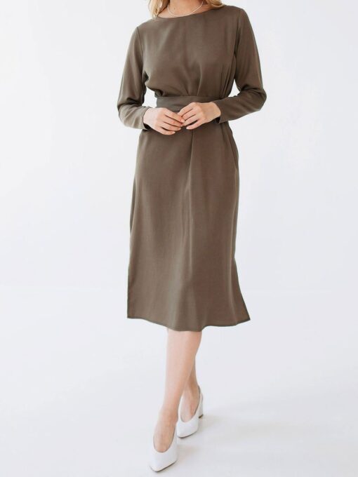 "Selena" Linen Khaki Green Midi Dress - Image 5