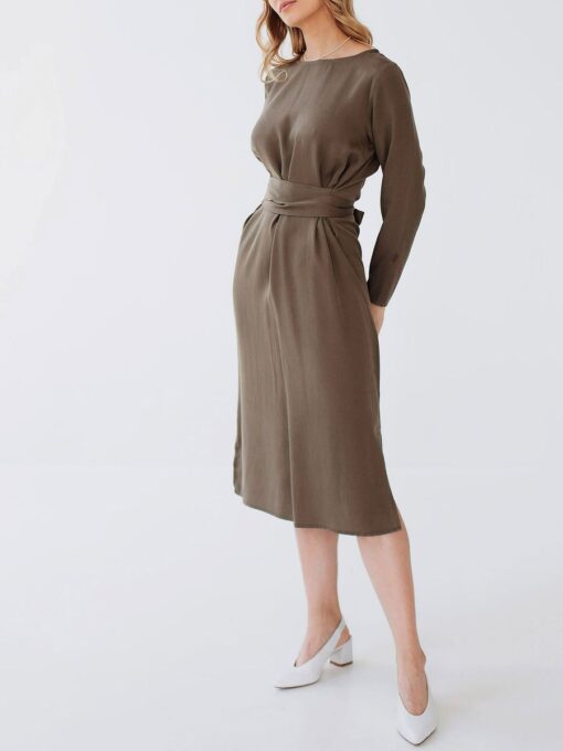 "Selena" Linen Khaki Green Midi Dress - Image 7