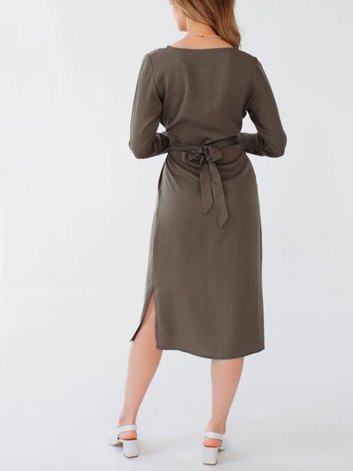 "Selena" Linen Khaki Green Midi Dress - Image 8