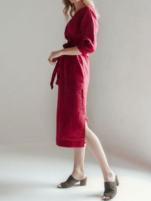 "Selena" Linen Long Sleeve Burgundy Midi Dress - Image 4